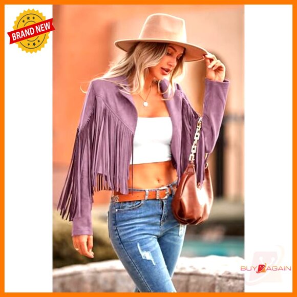 Faux Suede Cropped Motorcycle Jacket with Fringe Tassel Design - Picture 4 of 7